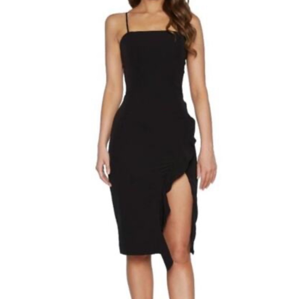 BARDOT Carmelle Black Ruffle Cocktail Dress Size Small Slit Hem